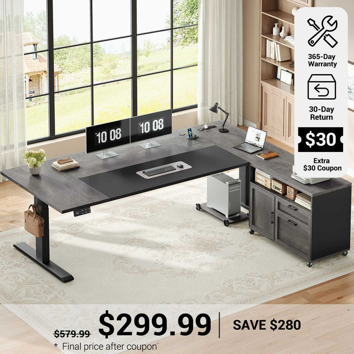 SEDETA® 71 Inch L Shaped Electric Height Adjustable Desk with Drawers File Cabinet Sit Stand Desk with Power Outlets CPU Stand Large Executive Standing Desk for Home Office