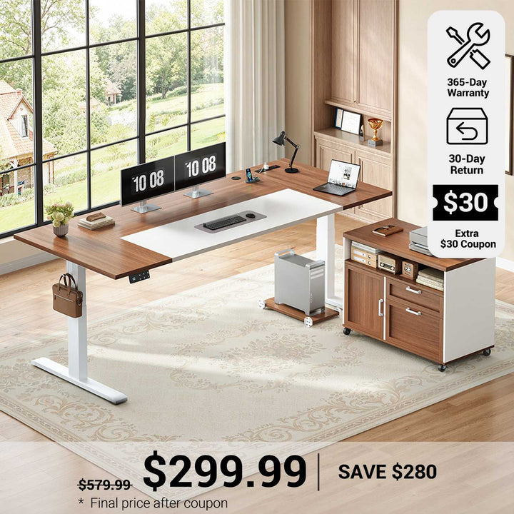 SEDETA® 71 Inch L Shaped Electric Height Adjustable Desk with Drawers File Cabinet Sit Stand Desk with Power Outlets CPU Stand Large Executive Standing Desk for Home Office