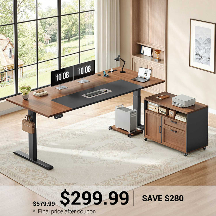 SEDETA | 71 Inch Electric Height Adjustable Desk with Drawers File Cabinet Sit Stand Desk with Power Outlets CPU Stand Large L Shaped Executive Standing Desk for Home Office