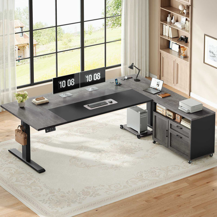 SEDETA | 71 Inch Electric Height Adjustable Desk with Drawers File Cabinet Sit Stand Desk with Power Outlets CPU Stand Large L Shaped Executive Standing Desk for Home Office