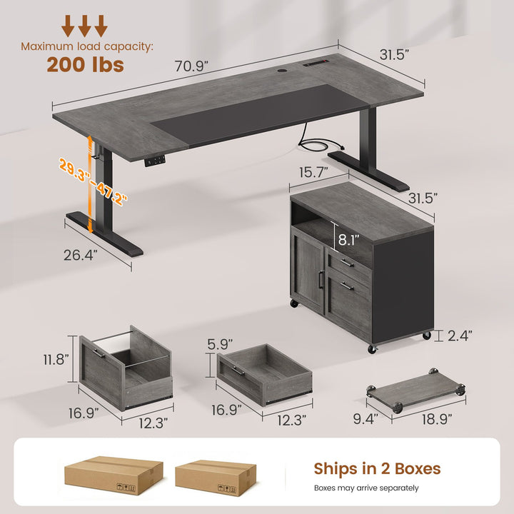 SEDETA | 71 Inch Electric Height Adjustable Desk with Drawers File Cabinet Sit Stand Desk with Power Outlets CPU Stand Large L Shaped Executive Standing Desk for Home Office