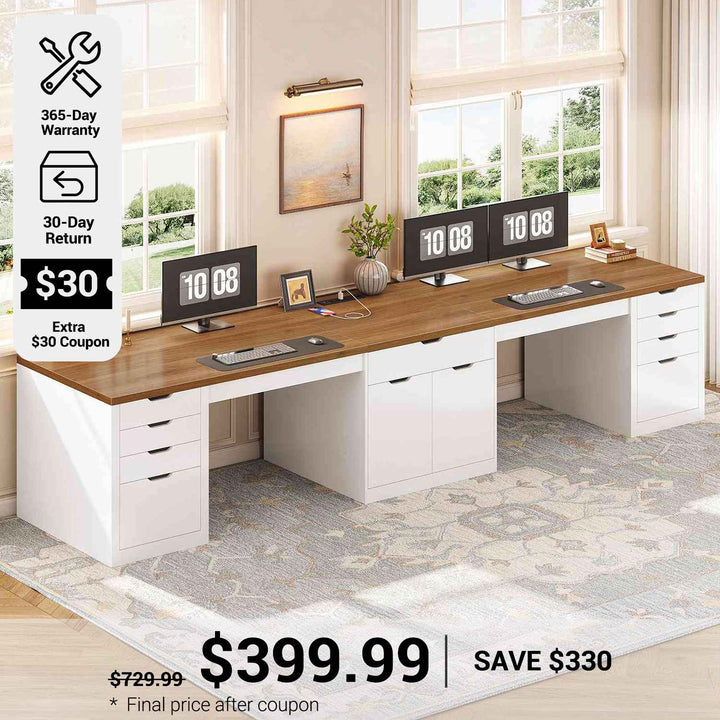 SEDETA 110.2 Inch Long 2 Person Desk with 9 Drawers for Home Office Long Computer Desk with Storage Cabinet Gaming Double Desk with Power Outlets Two Person Office Desk with Drawers