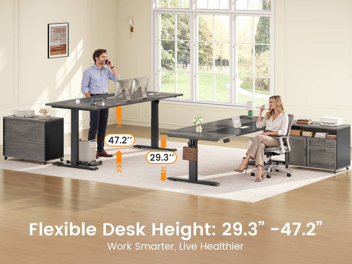SEDETA | 71 Inch Electric Height Adjustable Desk with Drawers File Cabinet Sit Stand Desk with Power Outlets CPU Stand Large L Shaped Executive Standing Desk for Home Office