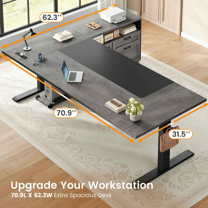 SEDETA | 71 Inch Electric Height Adjustable Desk with Drawers File Cabinet Sit Stand Desk with Power Outlets CPU Stand Large L Shaped Executive Standing Desk for Home Office