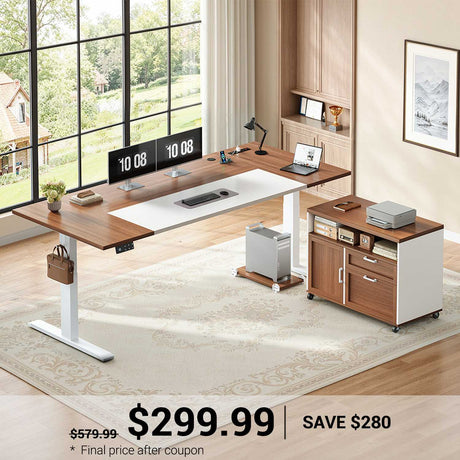 SEDETA | 71 Inch Electric Height Adjustable Desk with Drawers File Cabinet Sit Stand Desk with Power Outlets CPU Stand Large L Shaped Executive Standing Desk for Home Office