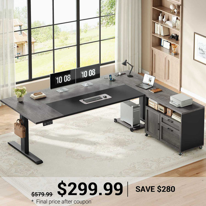 SEDETA | 71 Inch Electric Height Adjustable Desk with Drawers File Cabinet Sit Stand Desk with Power Outlets CPU Stand Large L Shaped Executive Standing Desk for Home Office