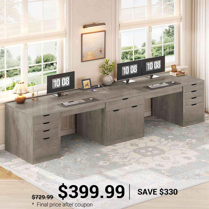 SEDETA 110.2 Inch Long 2 Person Desk with 9 Drawers for Home Office Long Computer Desk with Storage Cabinet Gaming Double Desk with Power Outlets Two Person Office Desk with Drawers