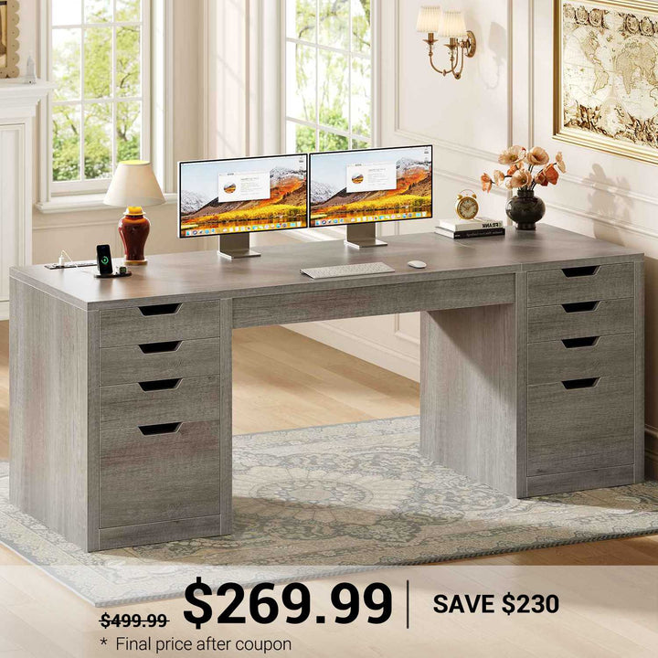 SEDETA 59.1 Inch Computer Desk with 8 Drawers Power Outlet Executive Home Office Desk with File Drawers Wood Workstation with USB Type-C Charging Station