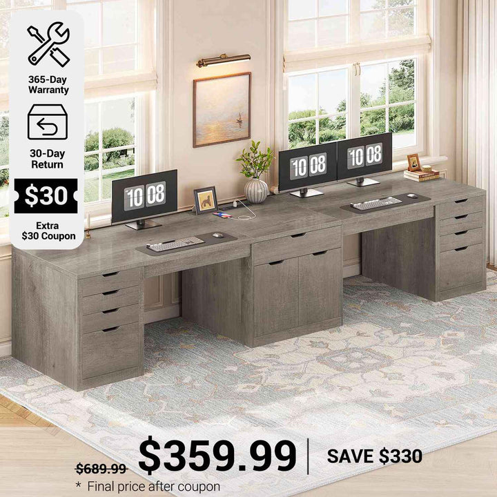 SEDETA® 110.2 Inch Long 2 Person Desk with 9 Drawers Power Outlets Long Computer Desk with Storage Cabinet Gaming Double Desk Two Person Desk for Home Office