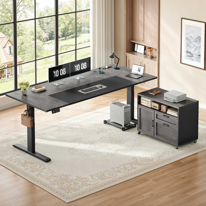 SEDETA | 71 Inch Electric Height Adjustable Desk with Drawers File Cabinet Sit Stand Desk with Power Outlets CPU Stand Large L Shaped Executive Standing Desk for Home Office