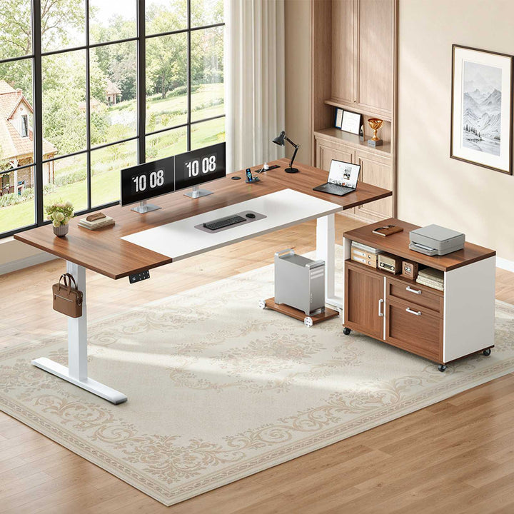 SEDETA | 71 Inch Electric Height Adjustable Desk with Drawers File Cabinet Sit Stand Desk with Power Outlets CPU Stand Large L Shaped Executive Standing Desk for Home Office