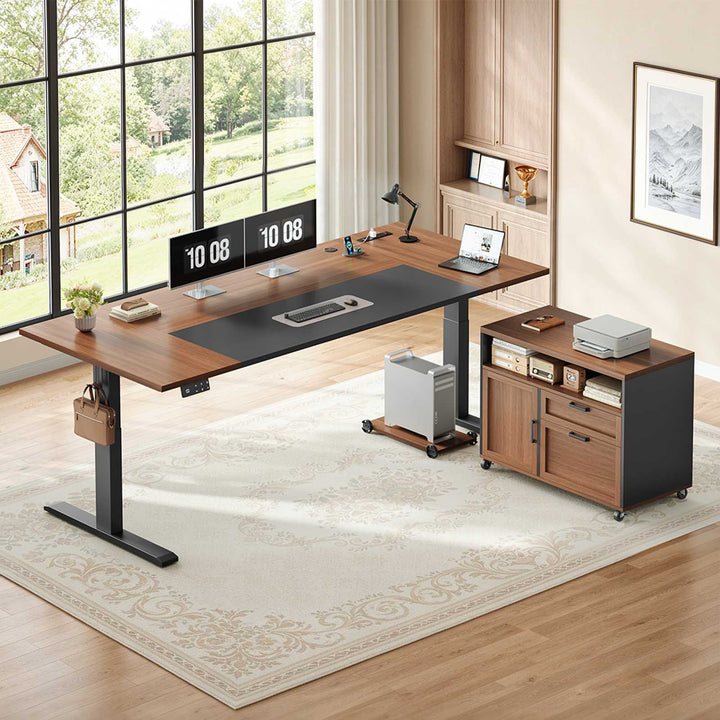 SEDETA | 71 Inch Electric Height Adjustable Desk with Drawers File Cabinet Sit Stand Desk with Power Outlets CPU Stand Large L Shaped Executive Standing Desk for Home Office