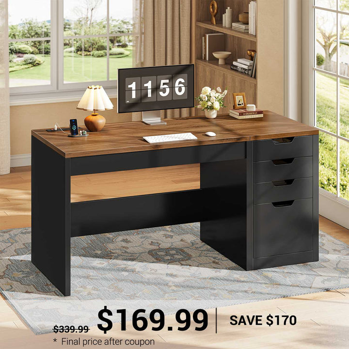 SEDETA® 47.2 Inch Office Desk with 4 Drawers Computer Desk with Power Strip Small Home Office Desk with Legal/Letter/A4 Size File Drawer Handleless Desk for Work Writing Gaming
