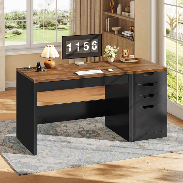 SEDETA® 47.2 Inch Office Desk with 4 Drawers Computer Desk with Power Strip Small Home Office Desk with Legal/Letter/A4 Size File Drawer Handleless Desk for Work Writing Gaming