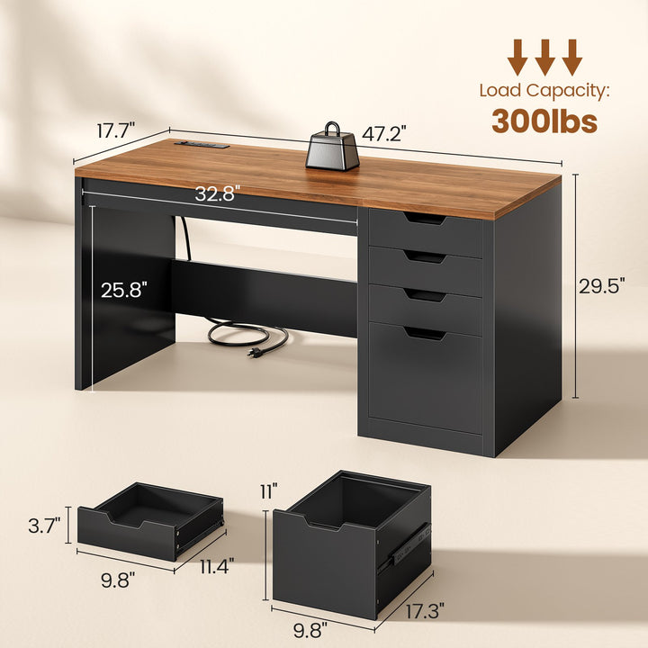 SEDETA® 47.2 Inch Office Desk with 4 Drawers Computer Desk with Power Strip Small Home Office Desk with Legal/Letter/A4 Size File Drawer Handleless Desk for Work Writing Gaming