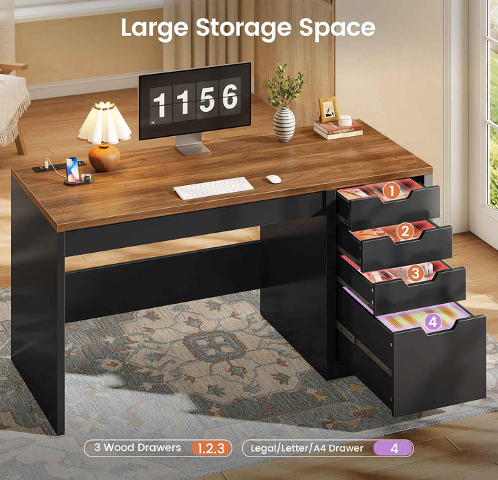 SEDETA® 47.2 Inch Office Desk with 4 Drawers Computer Desk with Power Strip Small Home Office Desk with Legal/Letter/A4 Size File Drawer Handleless Desk for Work Writing Gaming