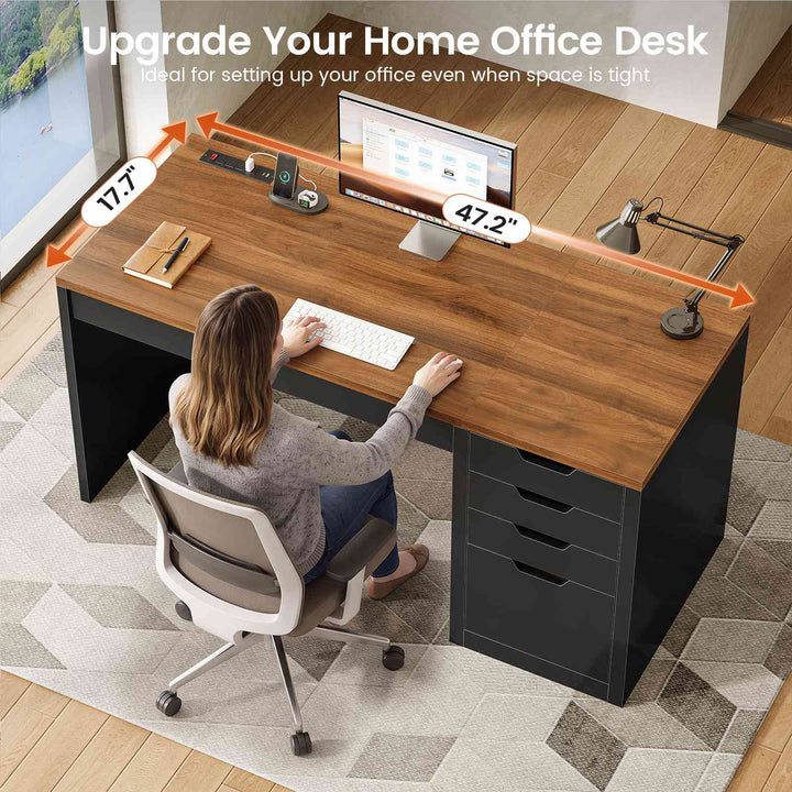 SEDETA® 47.2 Inch Office Desk with 4 Drawers Computer Desk with Power Strip Small Home Office Desk with Legal/Letter/A4 Size File Drawer Handleless Desk for Work Writing Gaming