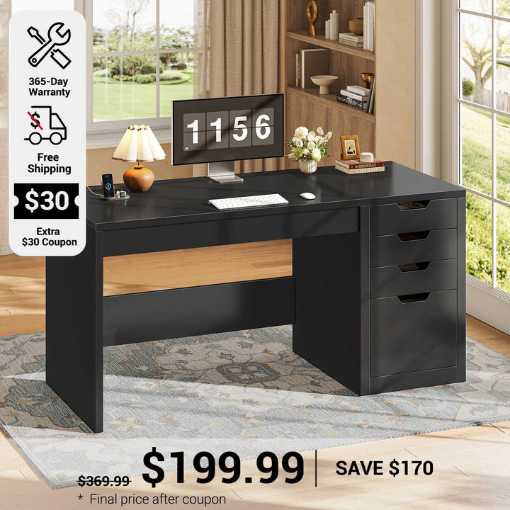 SEDETA 47.2 Inch Office Desk Computer Desk with 4 Drawers Storage Power Strip Small Home Office Desk with Legal/Letter/A4 Size File Drawer Storage Handleless Desk for Work Writing Gaming