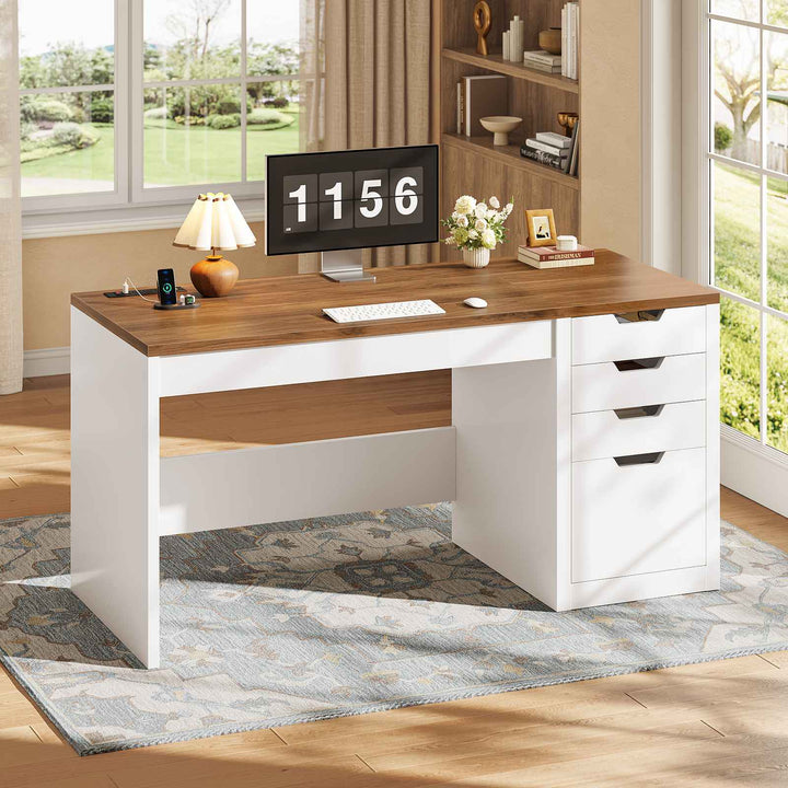 SEDETA® 47.2 Inch Office Desk with 4 Drawers Computer Desk with Power Strip Small Home Office Desk with Legal/Letter/A4 Size File Drawer Handleless Desk for Work Writing Gaming