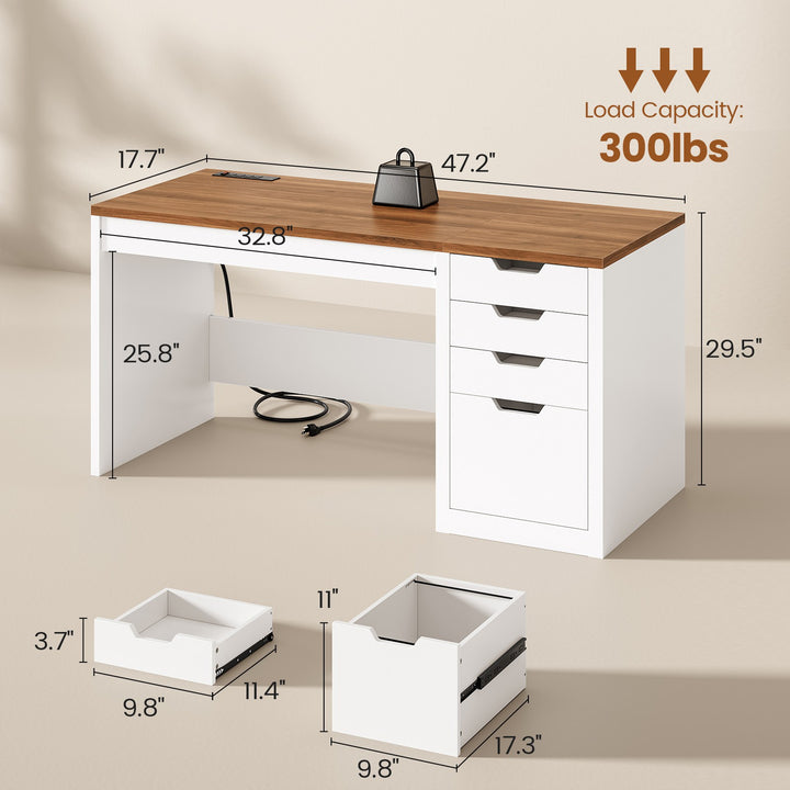 SEDETA® 47.2 Inch Office Desk with 4 Drawers Computer Desk with Power Strip Small Home Office Desk with Legal/Letter/A4 Size File Drawer Handleless Desk for Work Writing Gaming