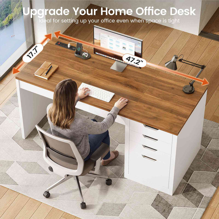 SEDETA® 47.2 Inch Office Desk with 4 Drawers Computer Desk with Power Strip Small Home Office Desk with Legal/Letter/A4 Size File Drawer Handleless Desk for Work Writing Gaming