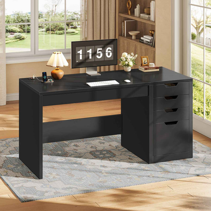 SEDETA® 47.2 Inch Office Desk with 4 Drawers Computer Desk with Power Strip Small Home Office Desk with Legal/Letter/A4 Size File Drawer Handleless Desk for Work Writing Gaming