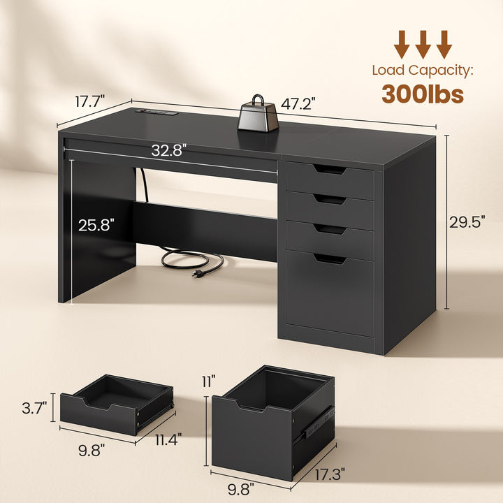 SEDETA® 47.2 Inch Office Desk with 4 Drawers Computer Desk with Power Strip Small Home Office Desk with Legal/Letter/A4 Size File Drawer Handleless Desk for Work Writing Gaming