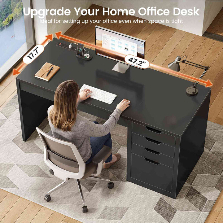 SEDETA® 47.2 Inch Office Desk with 4 Drawers Computer Desk with Power Strip Small Home Office Desk with Legal/Letter/A4 Size File Drawer Handleless Desk for Work Writing Gaming