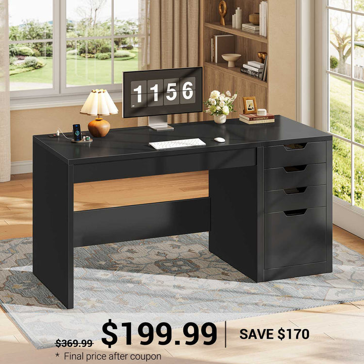 SEDETA 47.2 Inch Office Desk Computer Desk with 4 Drawers Storage Power Strip Small Home Office Desk with Legal/Letter/A4 Size File Drawer Storage Handleless Desk for Work Writing Gaming