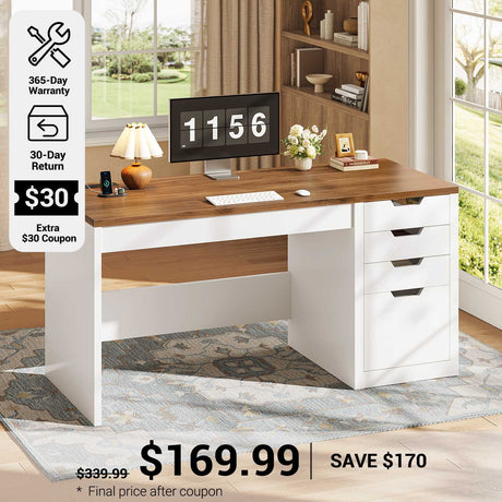 SEDETA® 47.2 Inch Office Desk with 4 Drawers Computer Desk with Power Strip Small Home Office Desk with Legal/Letter/A4 Size File Drawer Handleless Desk for Work Writing Gaming
