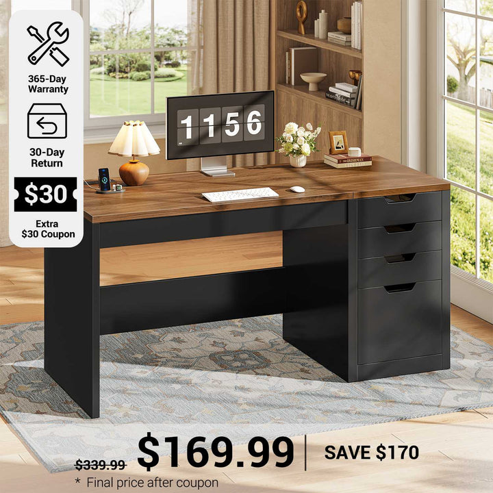 SEDETA® 47.2 Inch Office Desk with 4 Drawers Computer Desk with Power Strip Small Home Office Desk with Legal/Letter/A4 Size File Drawer Handleless Desk for Work Writing Gaming