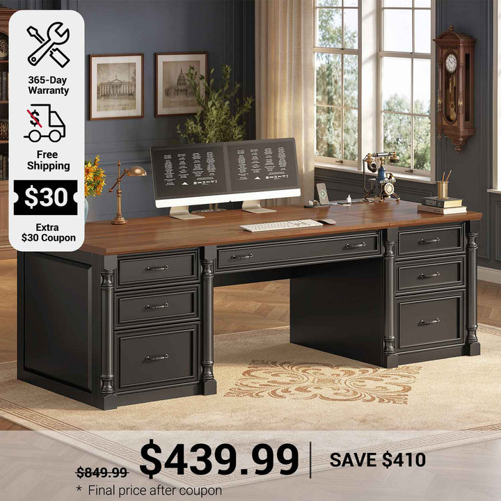 SEDETA 63 Inch Office Executive Desk with 7 Storage Drawers Charging Station Wood Computer Desk with 2 File Drawers Writing Desk Study Table