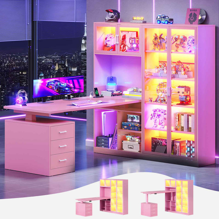 SEDETA 63 Inch L Shaped Electric Standing Gaming Desk with Glass Display Cabinet LED Lights and Storage Drawers Height Adjustable Desk with Storage Shelves Power Outlet for Home Office