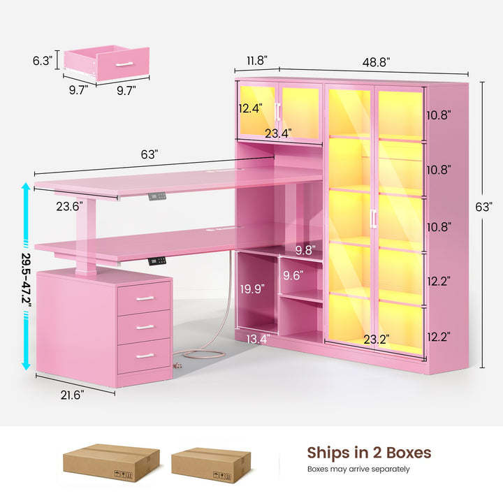 SEDETA 63 Inch L Shaped Electric Standing Gaming Desk with Glass Display Cabinet LED Lights and Storage Drawers Height Adjustable Desk with Storage Shelves Power Outlet for Home Office