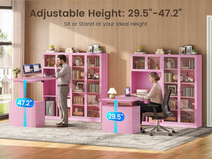 SEDETA 63 Inch L Shaped Electric Standing Gaming Desk with Glass Display Cabinet LED Lights and Storage Drawers Height Adjustable Desk with Storage Shelves Power Outlet for Home Office