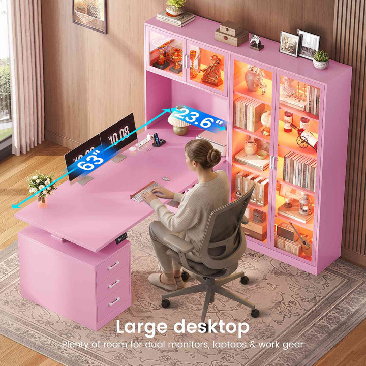 SEDETA 63 Inch L Shaped Electric Standing Gaming Desk with Glass Display Cabinet LED Lights and Storage Drawers Height Adjustable Desk with Storage Shelves Power Outlet for Home Office