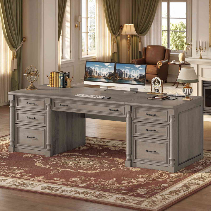 SEDETA® 63 Inch Executive Desk with 7 Storage Drawers Charging Station Wood Computer Desk with 2 File Drawers Writing Desk Study Table