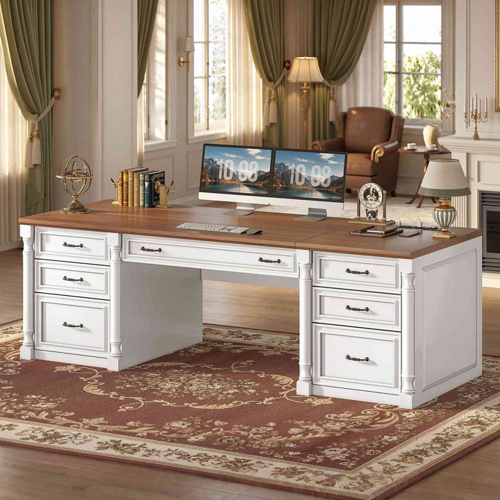 SEDETA® 63 Inch Executive Desk with 7 Storage Drawers Charging Station Wood Computer Desk with 2 File Drawers Writing Desk Study Table