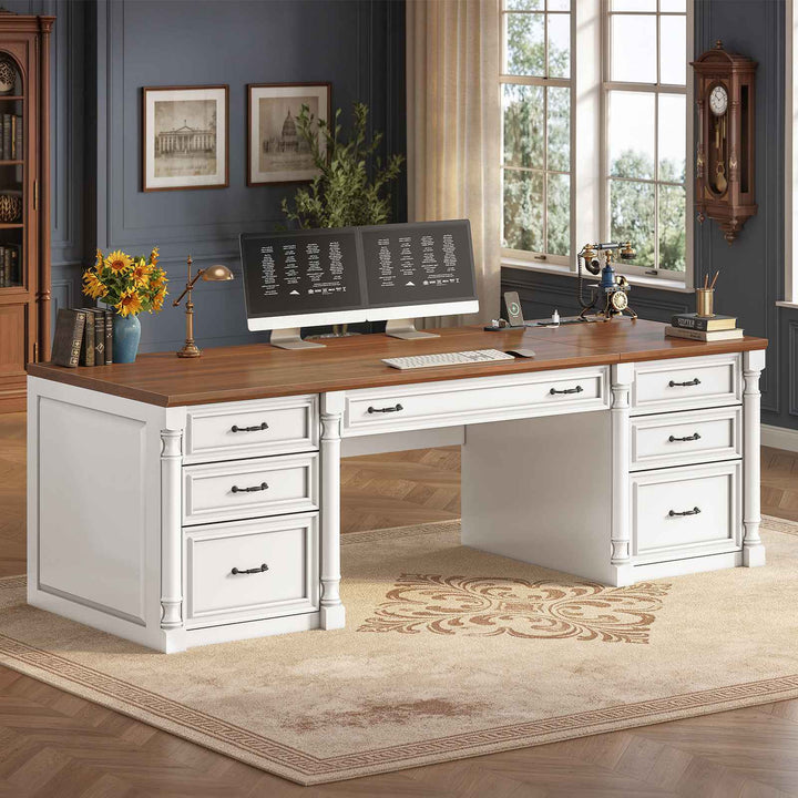 SEDETA® 63 Inch Executive Desk with 7 Storage Drawers Charging Station Wood Computer Desk with 2 File Drawers Writing Desk Study Table