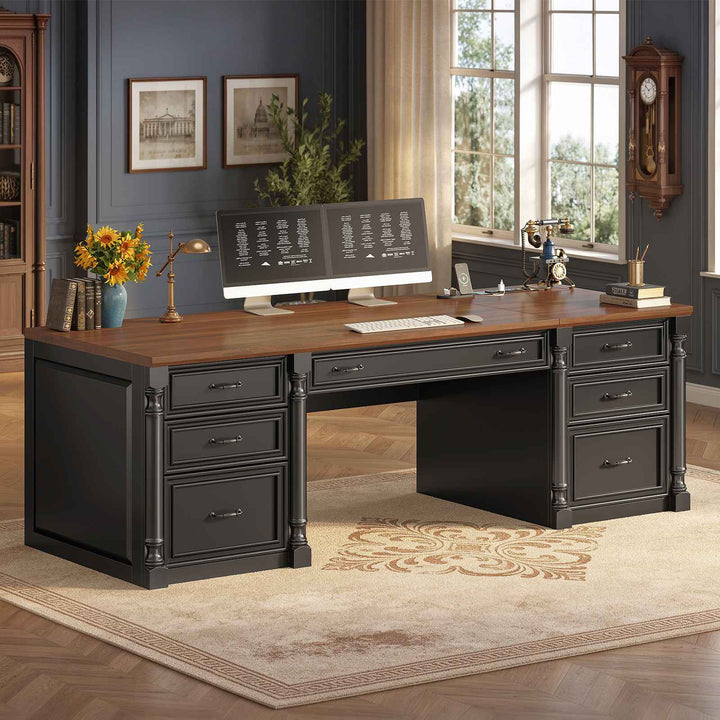 SEDETA® 63 Inch Executive Desk with 7 Storage Drawers Charging Station Wood Computer Desk with 2 File Drawers Writing Desk Study Table