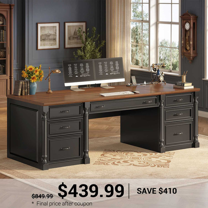 SEDETA 63 Inch Office Executive Desk with 7 Storage Drawers Charging Station Wood Computer Desk with 2 File Drawers Writing Desk Study Table