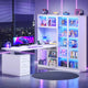 SEDETA 63 Inch L Shaped Electric Standing Gaming Desk with Glass Display Cabinet LED Lights and Storage Drawers Height Adjustable Desk with Storage Shelves Power Outlet for Home Office