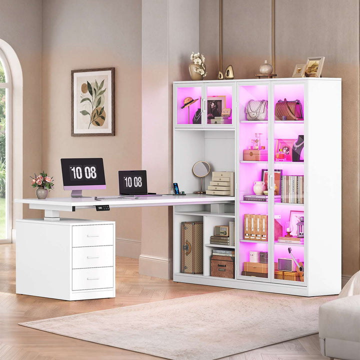 SEDETA 63 Inch L Shaped Electric Standing Gaming Desk with Glass Display Cabinet LED Lights and Storage Drawers Height Adjustable Desk with Storage Shelves Power Outlet for Home Office