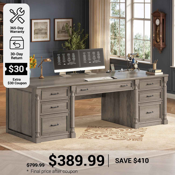 SEDETA® 63 Inch Executive Desk with 7 Storage Drawers Charging Station Wood Computer Desk with 2 File Drawers Writing Desk Study Table
