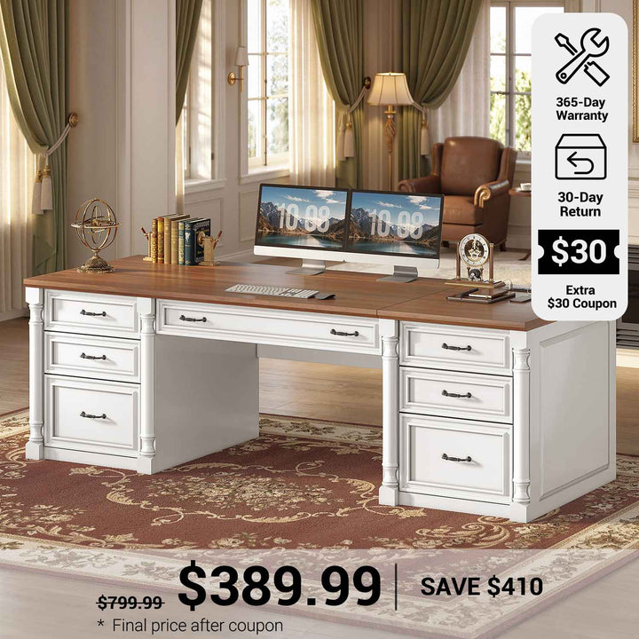 SEDETA® 63 Inch Executive Desk with 7 Storage Drawers Charging Station Wood Computer Desk with 2 File Drawers Writing Desk Study Table