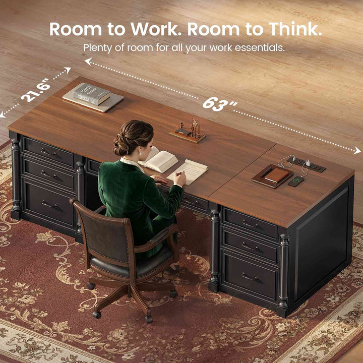 SEDETA® 63 Inch Executive Desk with 7 Storage Drawers Charging Station Wood Computer Desk with 2 File Drawers Writing Desk Study Table