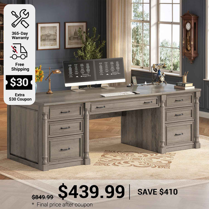 SEDETA 63 Inch Office Executive Desk with 7 Storage Drawers Charging Station Wood Computer Desk with 2 File Drawers Writing Desk Study Table
