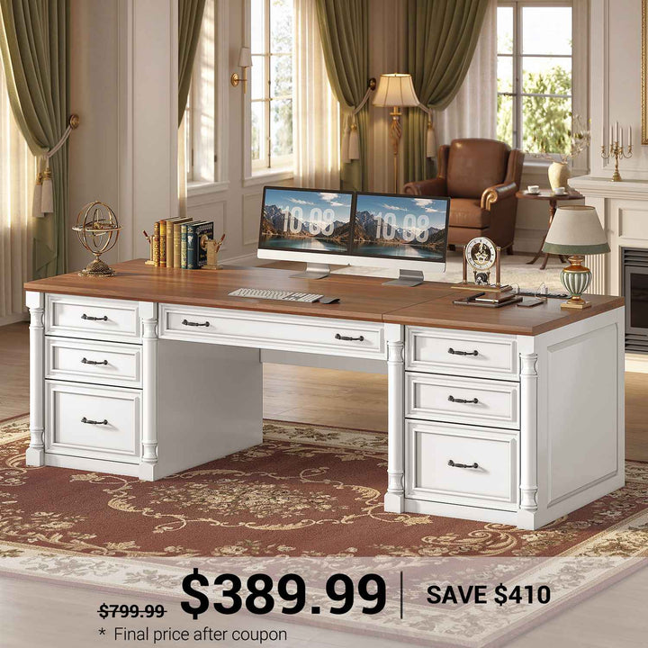 SEDETA® 63 Inch Executive Desk with 7 Storage Drawers Charging Station Wood Computer Desk with 2 File Drawers Writing Desk Study Table