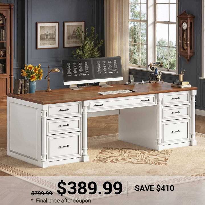 SEDETA® 63 Inch Executive Desk with 7 Storage Drawers Charging Station Wood Computer Desk with 2 File Drawers Writing Desk Study Table