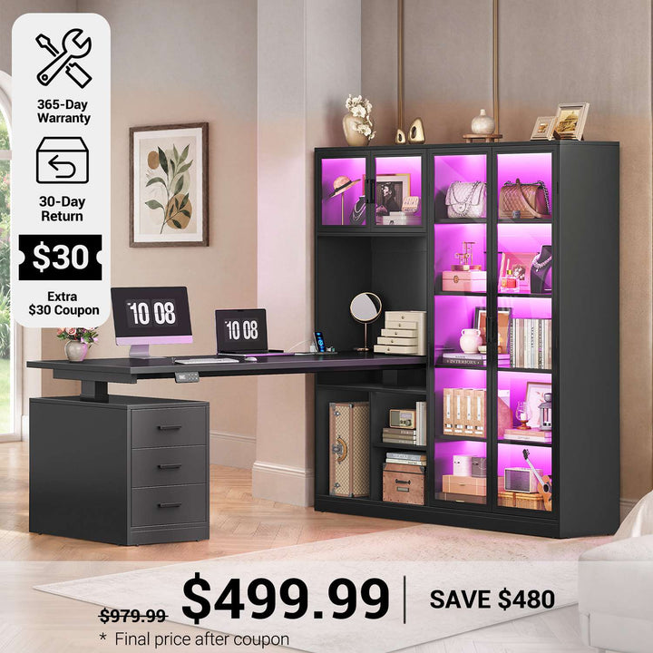 SEDETA 63 Inch L Shaped Electric Standing Gaming Desk with Glass Display Cabinet LED Lights and Storage Drawers Height Adjustable Desk with Storage Shelves Power Outlet for Home Office
